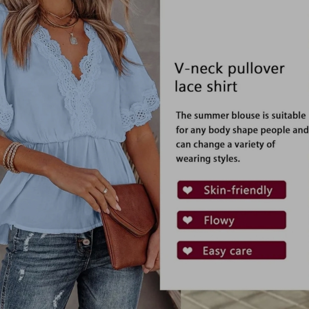 New! SKY blue lace splicing  v-neck & short  sleeves - Picture 8 of 9